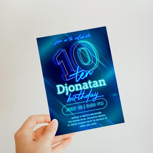 Blue Neon 10th Birthday Invitation Editable Glow In The Dark Teen Boys Instant Download Template Ten Years Aqua Neon Birthday Party Invite image 4