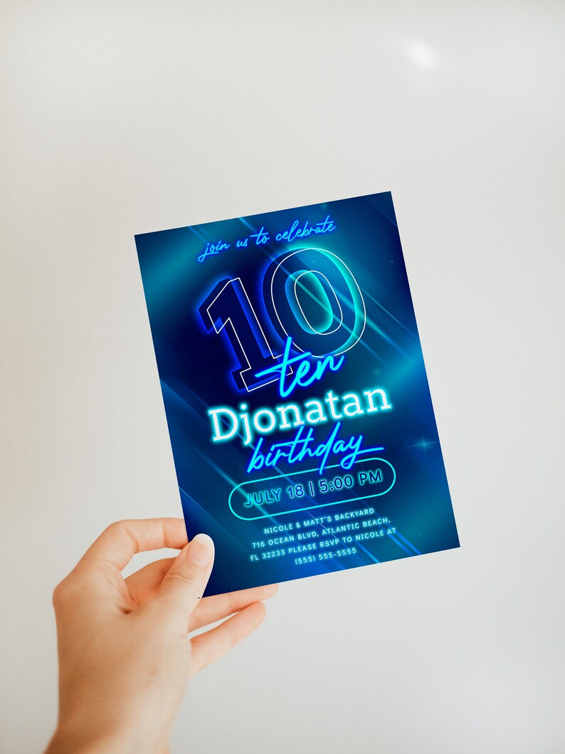 Blue Neon 10th Birthday Invitation Editable Glow In The Dark Teen Boys Instant Download Template Ten Years Aqua Neon Birthday Party Invite image 4