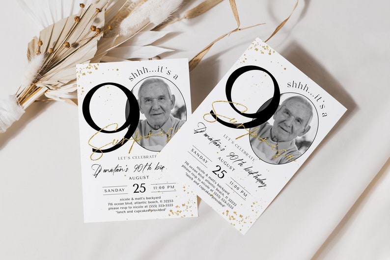 Surprise 90th Birthday Invitation with Photo: Minimalist Design (Editable Digital Download) image 5