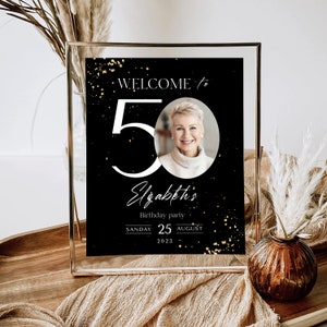 Cartello di benvenuto per il 50° compleanno: glitter nero e oro (striscione modificabile) immagine 3