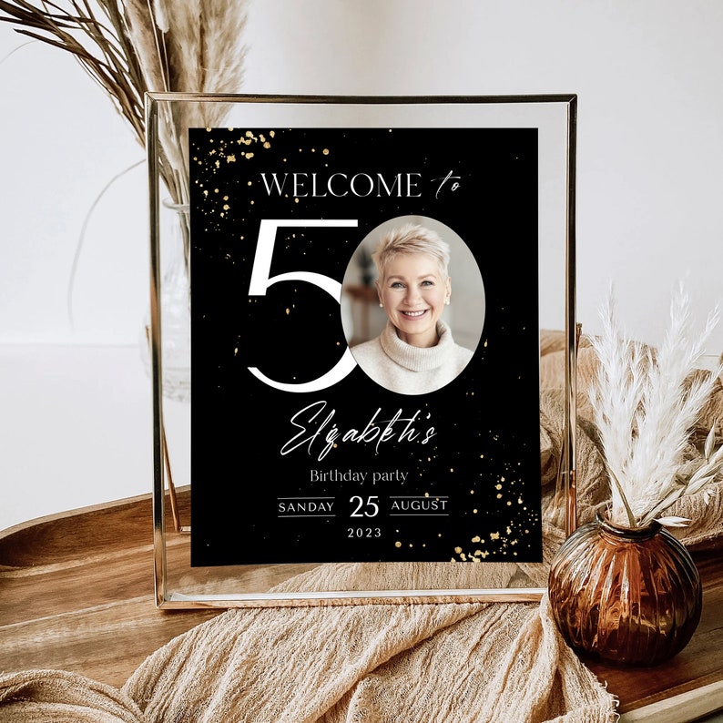 Cartello di benvenuto per il 50° compleanno: glitter nero e oro (striscione modificabile) immagine 3