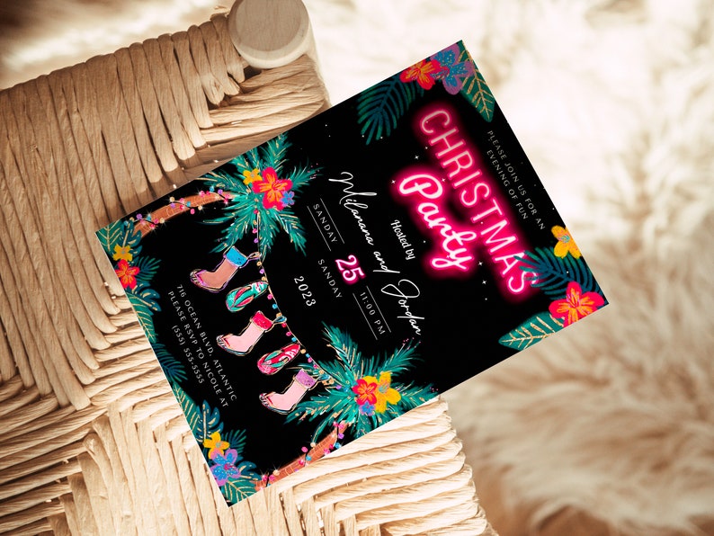 Invitación a fiesta navideña tropical: Luau playero, plantilla editable (descarga digital) imagen 5