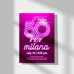 Invitación de 50 cumpleaños en neón rosa: Invitación editable (descarga digital) imagen 5