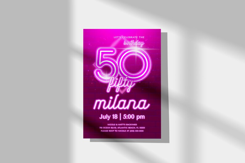 Invitación de 50 cumpleaños en neón rosa: Invitación editable (descarga digital) imagen 5