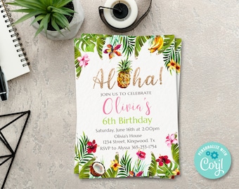 May include: Aloha! Join us to celebrate Olivia's 6th Birthday. Tropical themed invitation with a pineapple, palm leaves, and flowers. Saturday, June 16th at 2:00pm. Olivia's House. 1234 Street, Kingwood, TX. RSVP to Alyssa 365-253-1754. Personalize with Corjl.