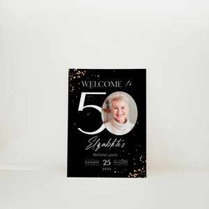 Cartello di benvenuto per il 50° compleanno: glitter nero e oro (striscione modificabile) immagine 6