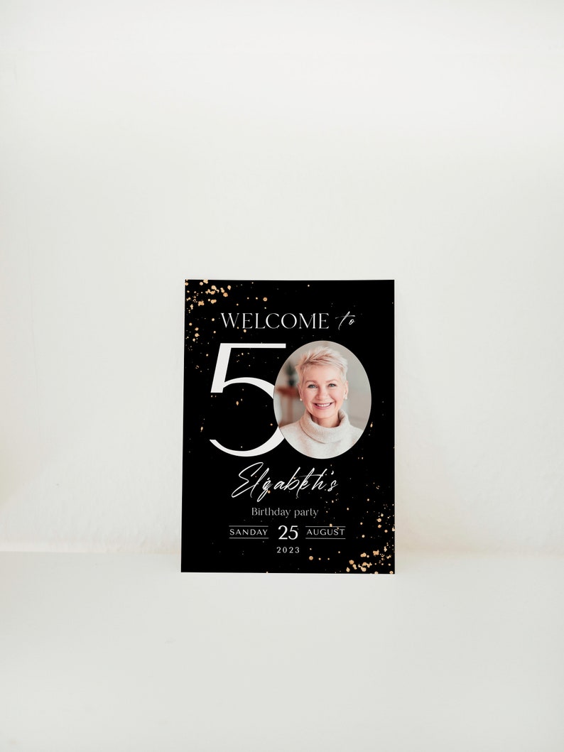 Cartello di benvenuto per il 50° compleanno: glitter nero e oro (striscione modificabile) immagine 6