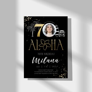 Tropical 70th Birthday Invitation: Black & Gold Photo Template (Editable) image 5