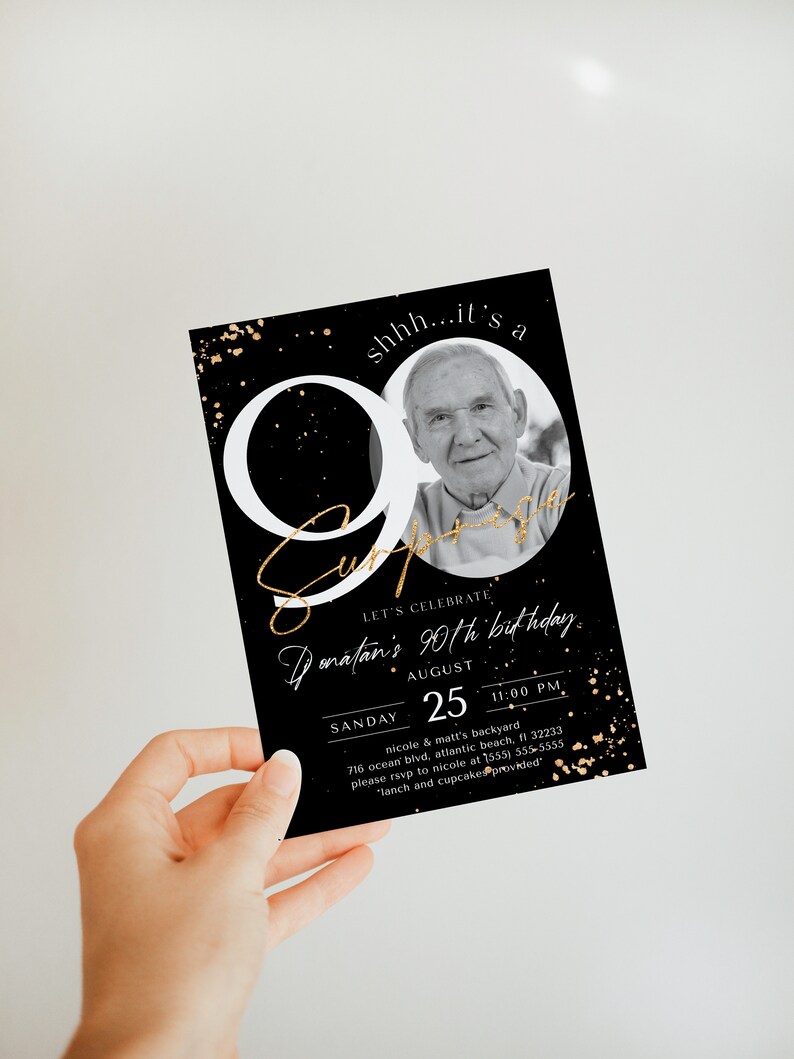 Inbjudan till 90-årsdag: Överraskningsfest i svart och guld (digital nedladdning) bild 4