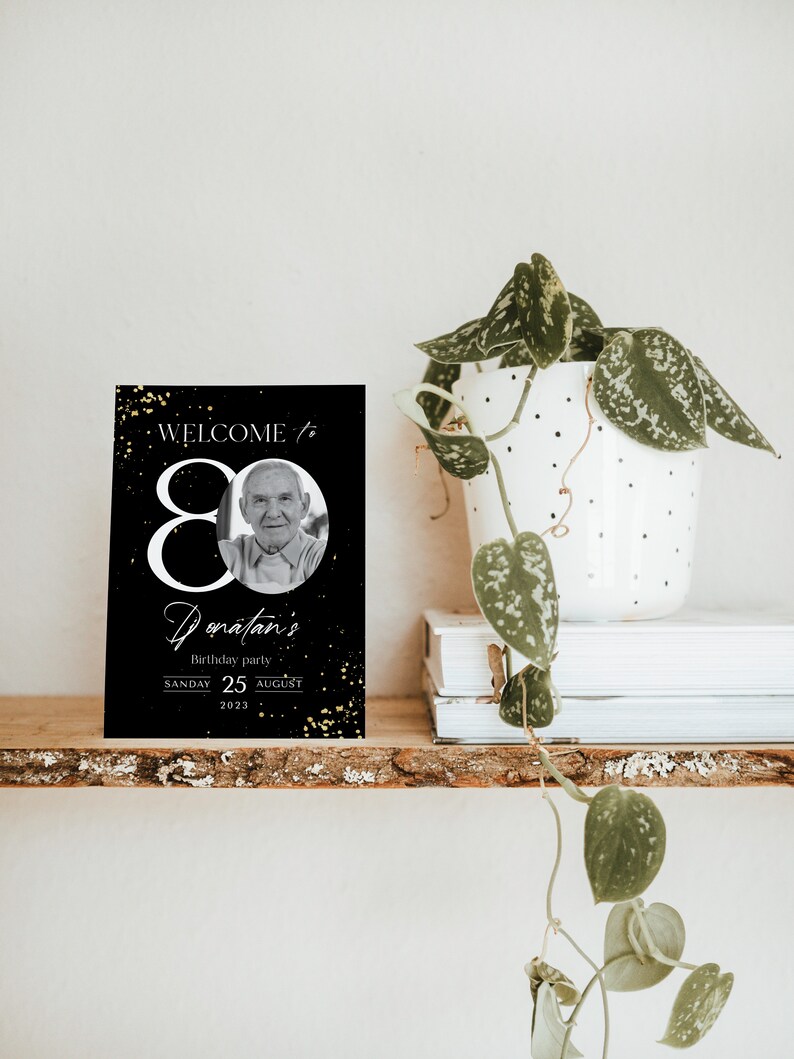 80th Birthday Welcome Sign: Black and Gold Glitter (Printable Template) image 3