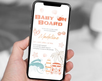 Baby on Board Electronic Invitation Tropical Beach Surf Baby Shower Digital Phone Evite Boy or Girl Surfboard Luau Baby Shower Party Invite