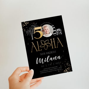Tropische 50e verjaardagsuitnodiging: zwarte en gouden Aloha Luau (instantsjabloon) afbeelding 4