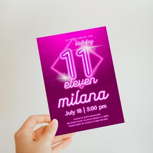 Invito per l'undicesimo compleanno in rosa neon: festa per adolescenti modificabile (download digitale) immagine 5