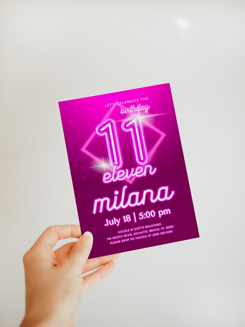 Invito per l'undicesimo compleanno in rosa neon: festa per adolescenti modificabile (download digitale) immagine 5
