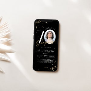 Black and Gold 70th Birthday Photo Invitation (Digital Phone Invite)