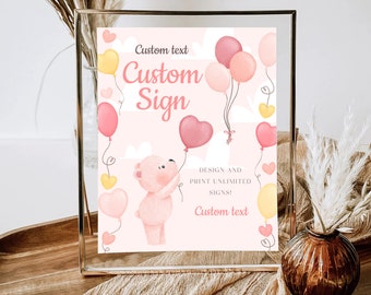 Teddy Bear Girl Baby Shower Sign: Custom Text, Balloons (Instant Download)