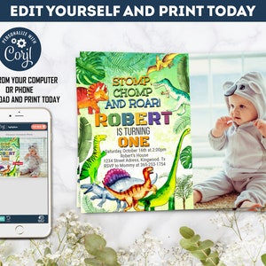 Dinosaur Birthday Invitation with Photo: Editable Template (Digital Download)