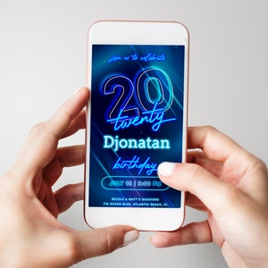 Blue Neon 20th Birthday Electronic Invitation Glow in The Dark Digital Evite Download Boys Neon Lights Birthday Message Twenty Text Invite