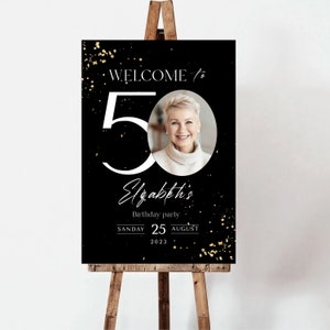 Cartello di benvenuto per il 50° compleanno: glitter nero e oro (striscione modificabile) immagine 5