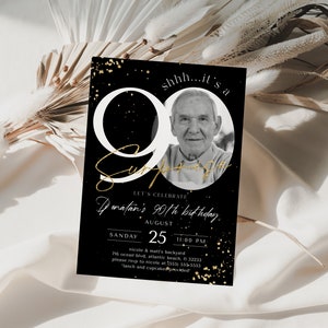 Inbjudan till 90-årsdag: Överraskningsfest i svart och guld (digital nedladdning) bild 1
