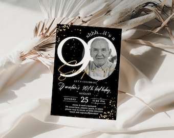 90th Birthday Invitation: Black & Gold Surprise Party (Digital Download)