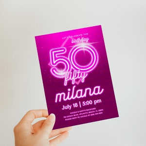 Invitación de 50 cumpleaños en neón rosa: Invitación editable (descarga digital) imagen 4