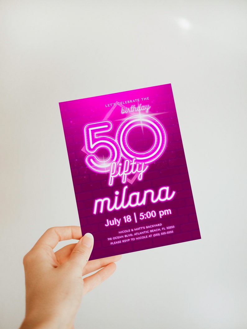 Invitación de 50 cumpleaños en neón rosa: Invitación editable (descarga digital) imagen 4
