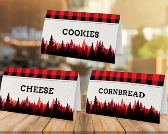 Lumberjack Food Labels, Lumberjack Party Food Tent Cards, Birthday or Baby Shower Buffet Labels, Buffalo Plaid Place Card Tent