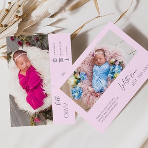 Plantilla de anuncio de nacimiento de recién nacido, tarjeta de anuncio de nacimiento de niña imprimible, tarjeta de estadísticas de nacimiento de niña editable