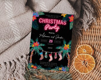 Inbjudan till tropisk julfest: Strandluau, redigerbar mall (digital nedladdning)