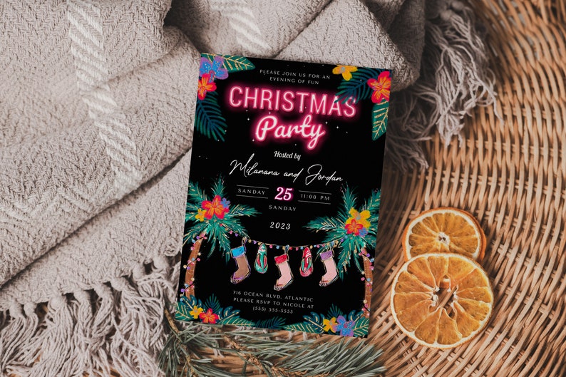 Invitación a fiesta navideña tropical: Luau playero, plantilla editable (descarga digital) imagen 1