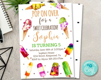 Popsicle Birthday Invitation, Summer Birthday Invite, Ice Cream Invitation, Pop on Over Birthday Invitation, Popsicle Editable Template