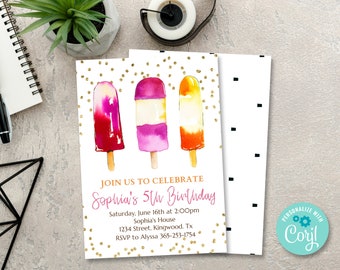 Popsicle Birthday Invitation, Summer Birthday Invite, Ice Cream Invitation, Girl Birthday Invitation, Popsicle Editable Template