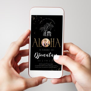 Tropical Aloha Birthday Electronic Invitation: Black & Gold Luau (Digital Phone Evite) image 3