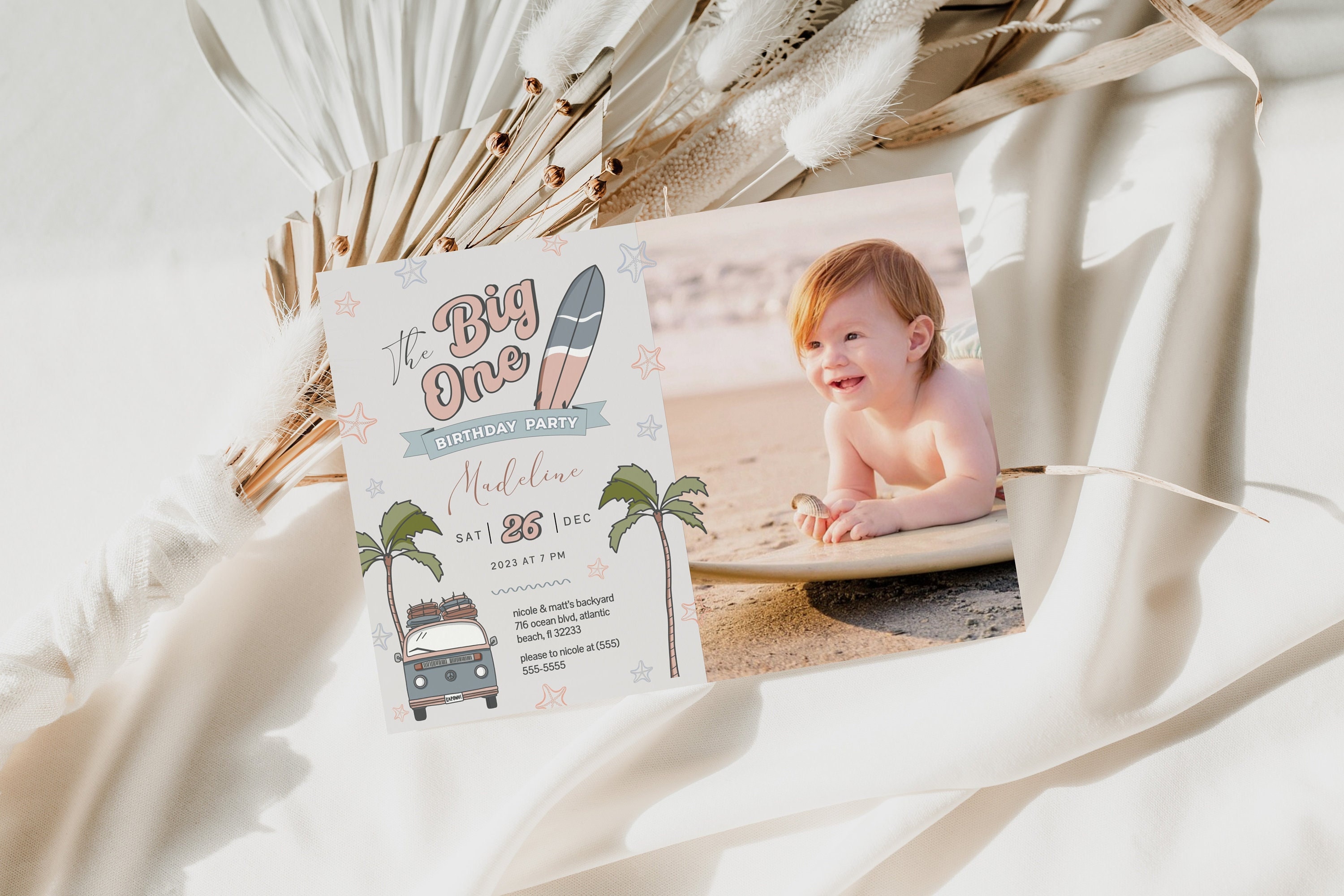 Surf Big One Birthday Invitation With Photo Surfer 1st Birthday Invite Printable Instant Download Van Surfboard Kids Beach