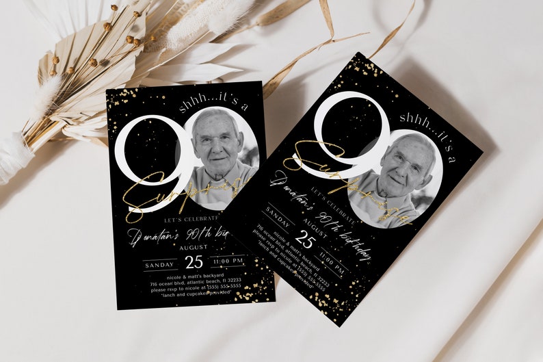 Inbjudan till 90-årsdag: Överraskningsfest i svart och guld (digital nedladdning) bild 5