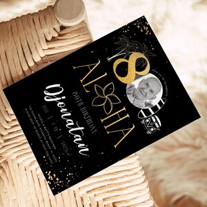 Tropical 80th Birthday Photo Invitation: Black & Gold Printable Decor image 3