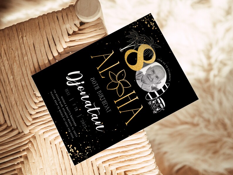 Tropical 80th Birthday Photo Invitation: Black & Gold Printable Decor image 3