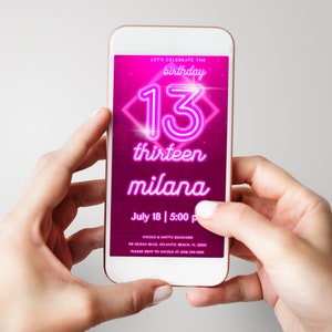 Invitación de neón rosa para 13.º cumpleaños: Fiesta Glow para niñas (Invitación digital) imagen 2