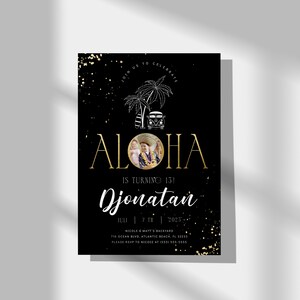 Tropical Aloha Birthday Invitation: Black, Gold, and Beach Theme (Digital Download) image 5