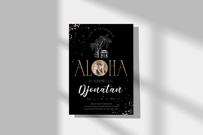 Tropical Aloha Birthday Invitation: Black, Gold, and Beach Theme (Digital Download) image 5