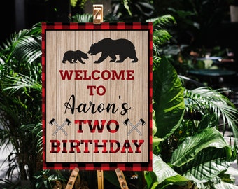 Lumberjack Birthday Party Welcome Sign, Welcome Poster Buffalo Plaid, Bear cub Printable 1st Birthday Decorations, Lumberjack Party Signs