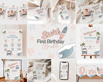 Surf First Birthday Bundle Big One Surfing Party Invitation Templates Set Little Surfer 1st Birthday Bundle Surfs Up Beach Party Invites Kit