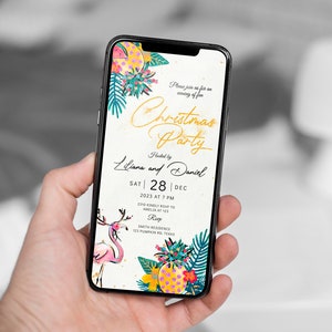 Elektronische uitnodiging tropische kerstfeest, kerst Luau-feest telefoon sms Evite, kerst Hawaiiaans strandfeest bord bewerkbaar direct
