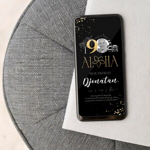 Tropical 90th Birthday Invitation: Black & Gold Beach Theme (Digital Invitation) image 4