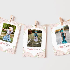 Primo Rodeo Monthly Photo Banner Girl, My 1st Rodeo Party Girl Photo Banner, Cowgirl Style Hanging Photo Cards, Template Cowgirl Photo Cards