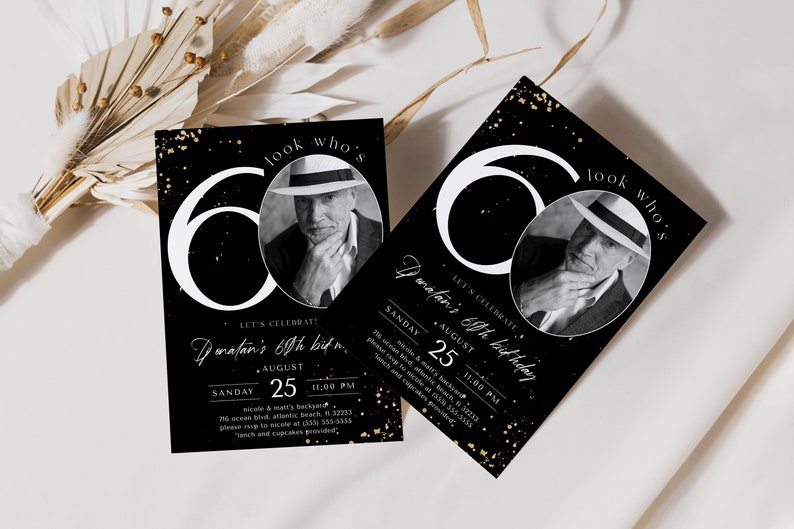 Black & Gold 60th Birthday Invitation With Photo (Digital) image 3