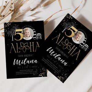 Tropische 50e verjaardagsuitnodiging: zwarte en gouden Aloha Luau (instantsjabloon) afbeelding 2