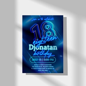 Blue Neon 18th Birthday Invitation: Editable Glow Party (Digital Download) image 5