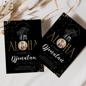 Tropical Aloha Birthday Invitation: Black, Gold, and Beach Theme (Digital Download) image 2